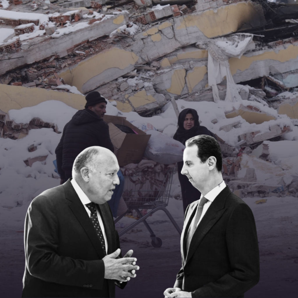 الصورة: وزير الخارجية المصري سامح شكري يلتقي بالرئيس السوري بشار الأسد في دمشق سوريا، 27 فبراير 2023 (AFP)